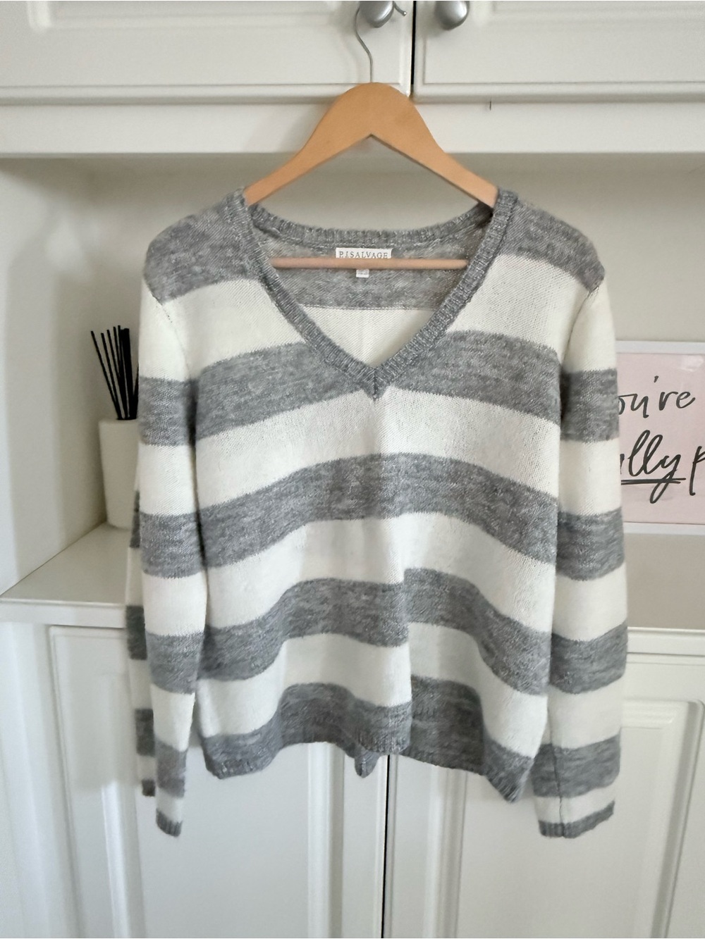 P.J. Salvage Gray and White Striped V-Neck Sweater